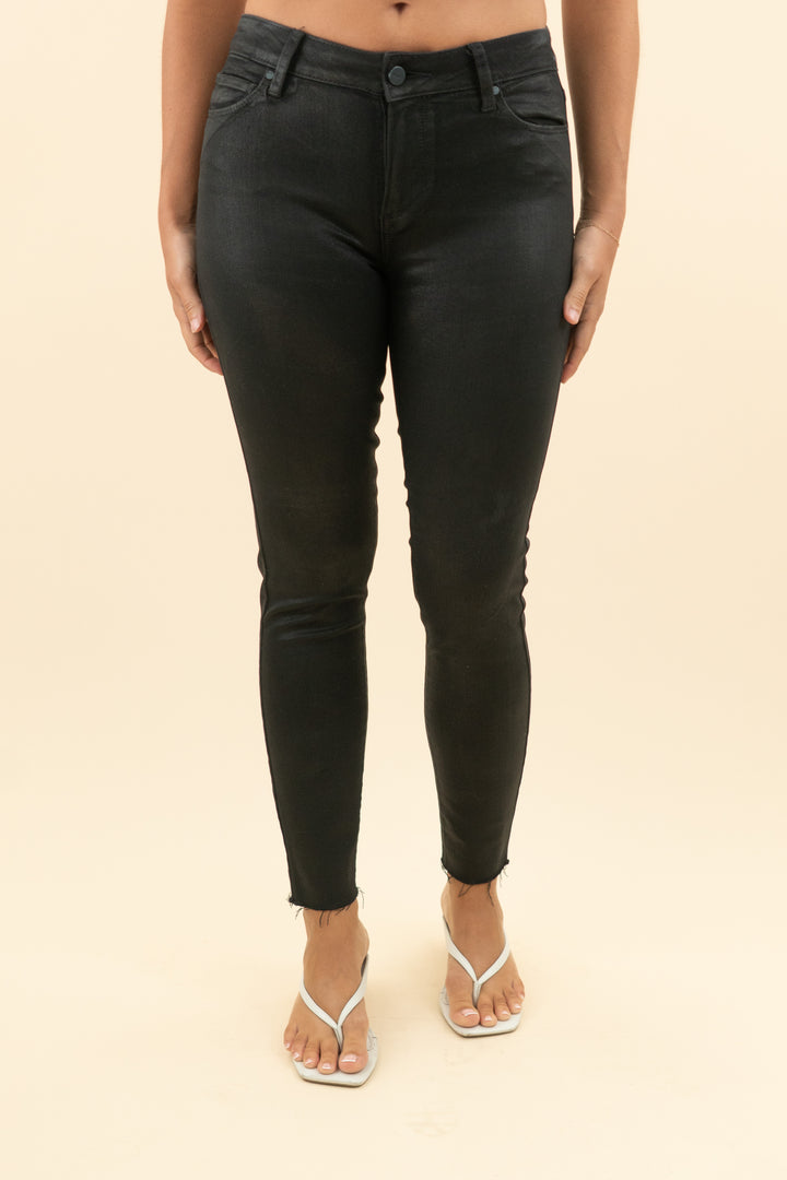 paige black shimmer coated raw hem pants (27; retail $258)