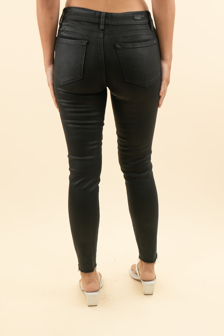 paige black shimmer coated raw hem pants (27; retail $258)