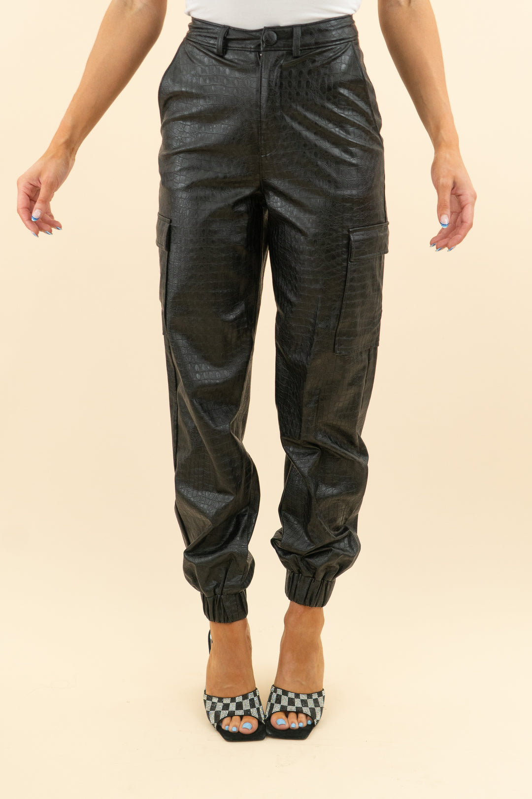 naked wardrobe black leather croc print cargo joggers (xs; retail $118)
