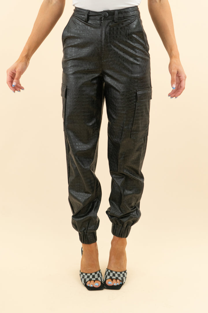 naked wardrobe black leather croc print cargo joggers (xs; retail $118)