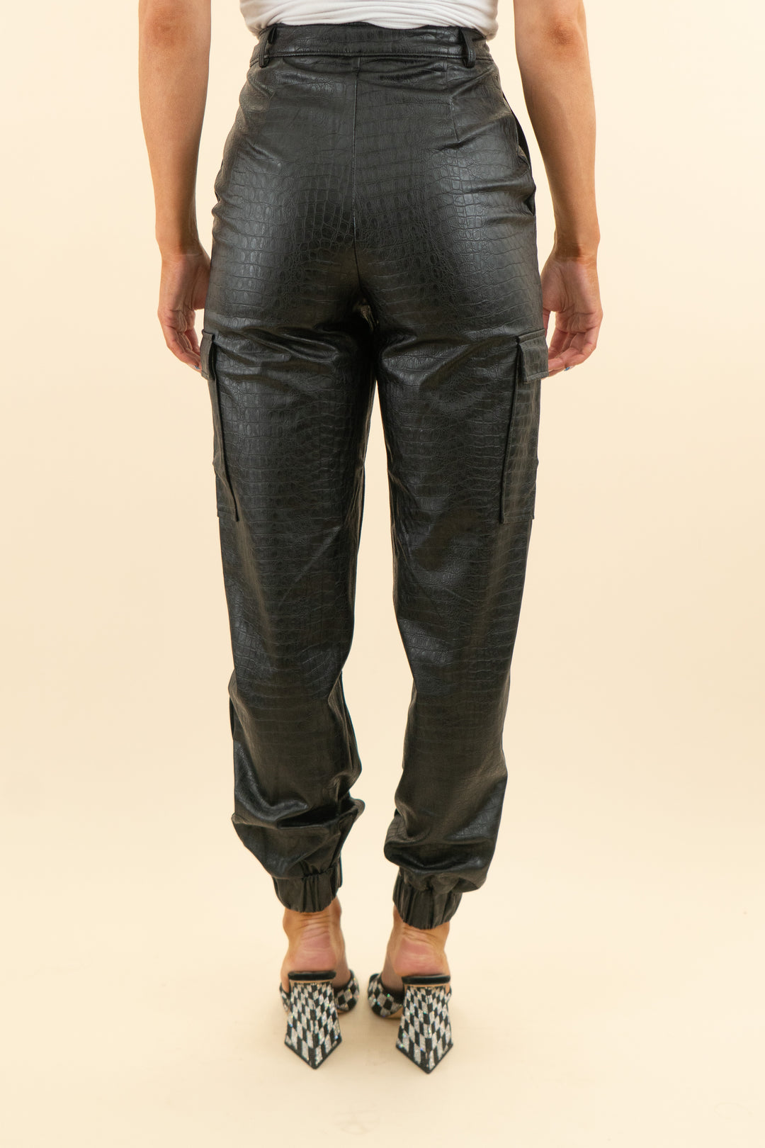 naked wardrobe black leather croc print cargo joggers (xs; retail $118)
