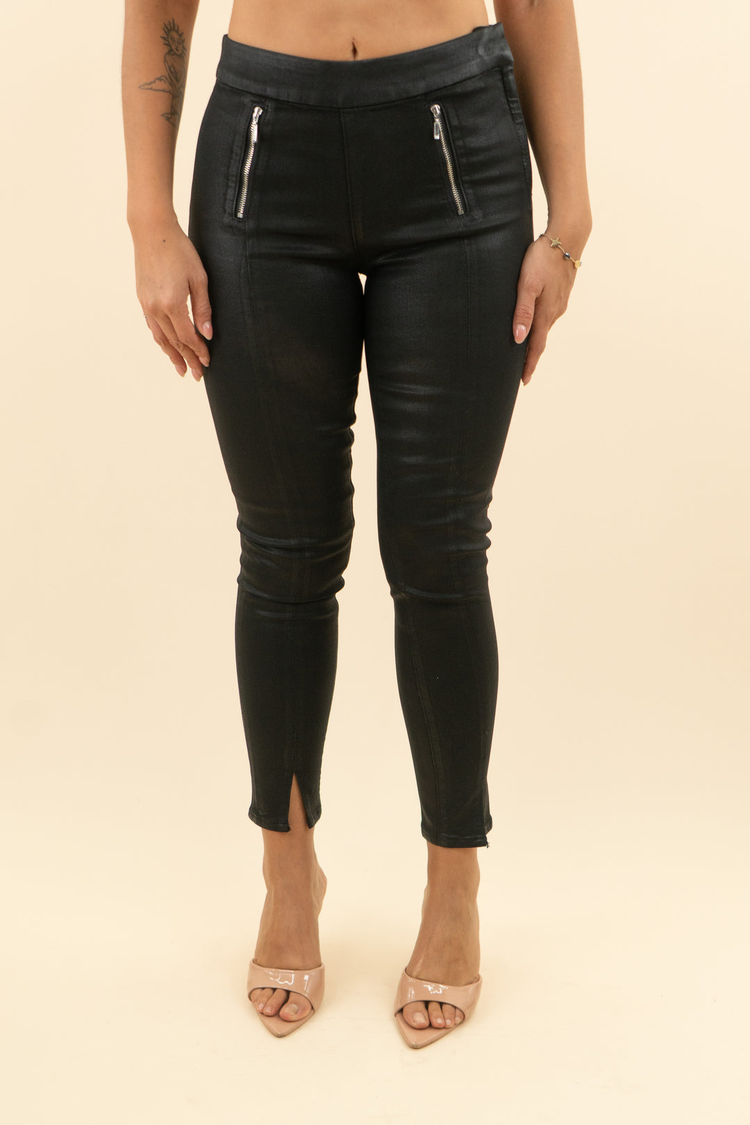 paige black coated front zipper pants (27; retail $249)