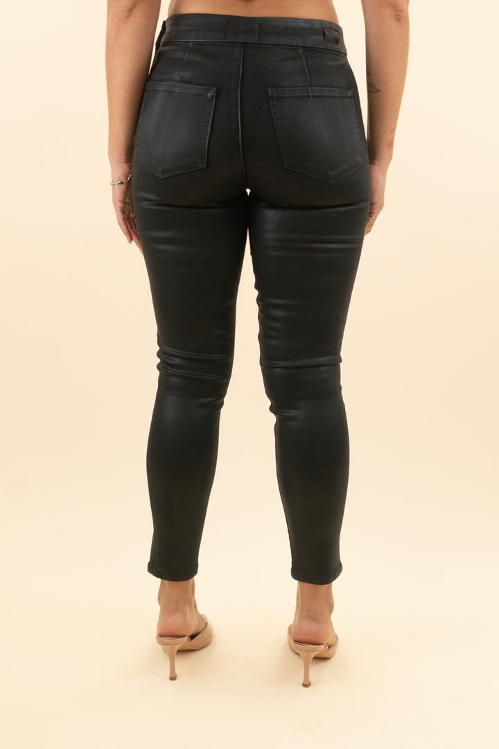 paige black coated front zipper pants (27; retail $249)