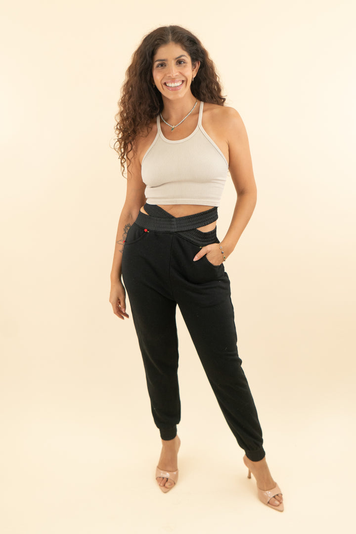 for love and lemons black rose applique crossover waist joggers (s; retail $99)