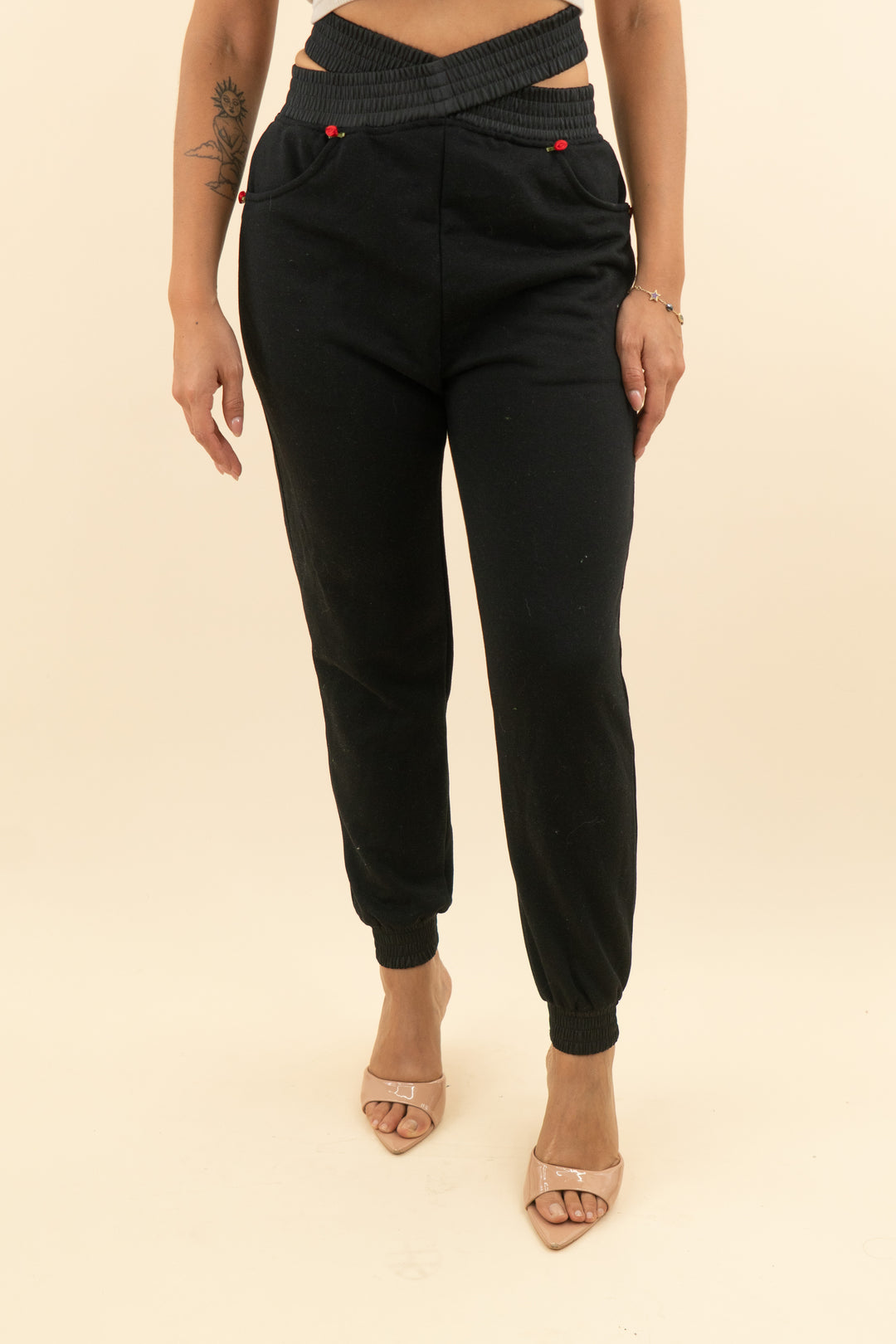 for love and lemons black rose applique crossover waist joggers (s; retail $99)
