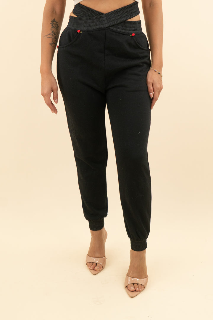 for love and lemons black rose applique crossover waist joggers (s; retail $99)