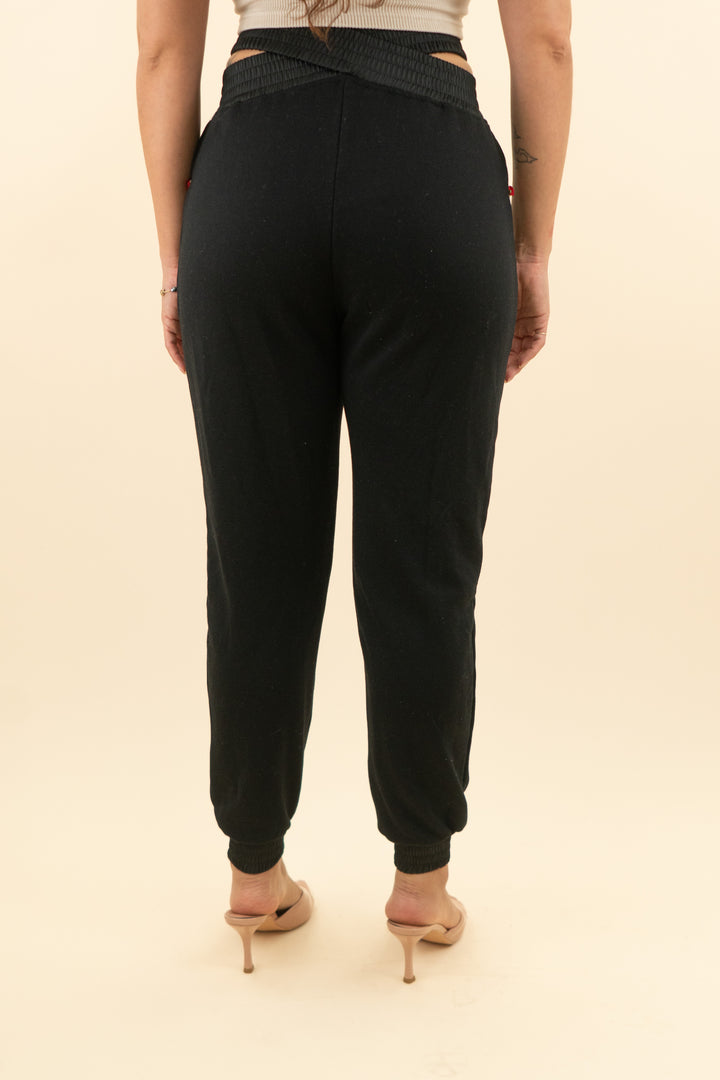 for love and lemons black rose applique crossover waist joggers (s; retail $99)
