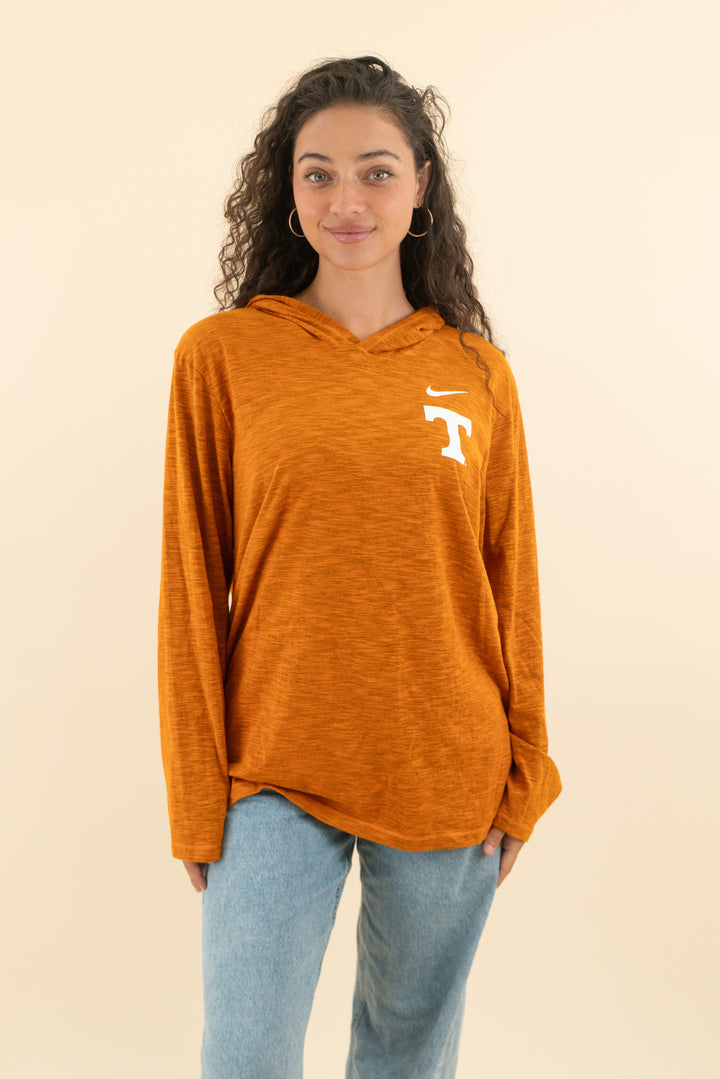 nike heathered orange dri fit pullover with hood (l)