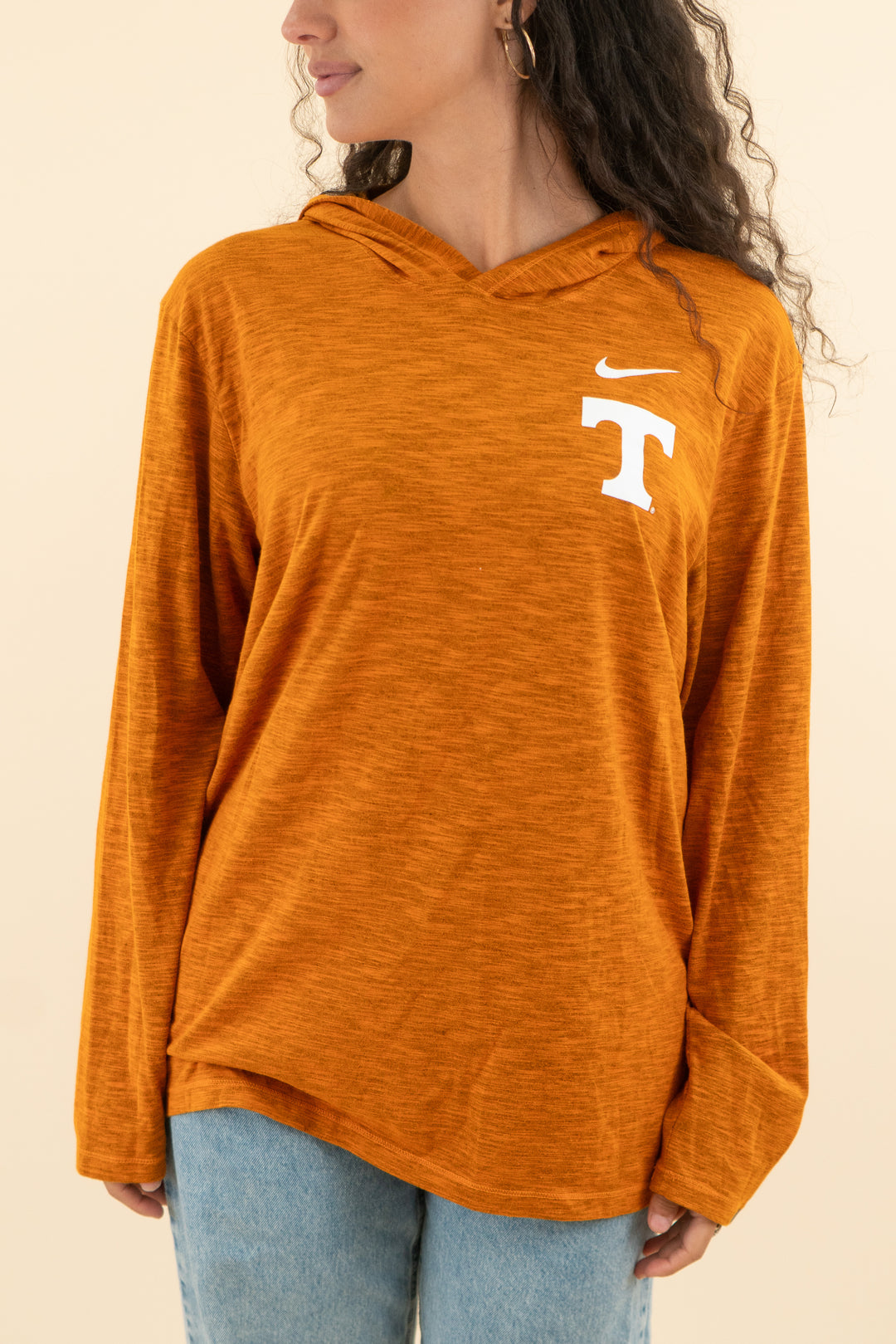nike heathered orange dri fit pullover with hood (l)