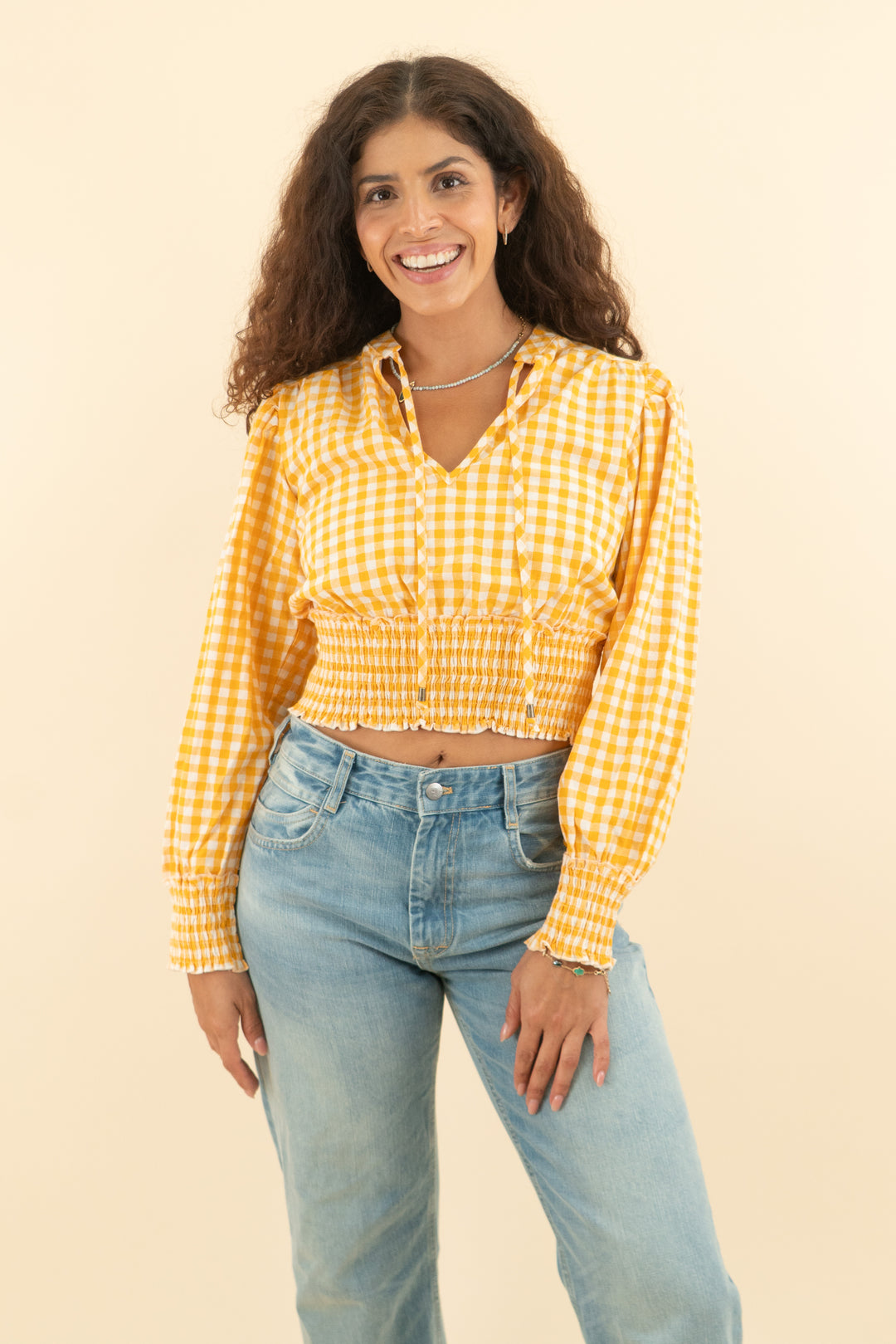 petal + pup orange checkered smocked long sleeve top nwt (4; retail $60)