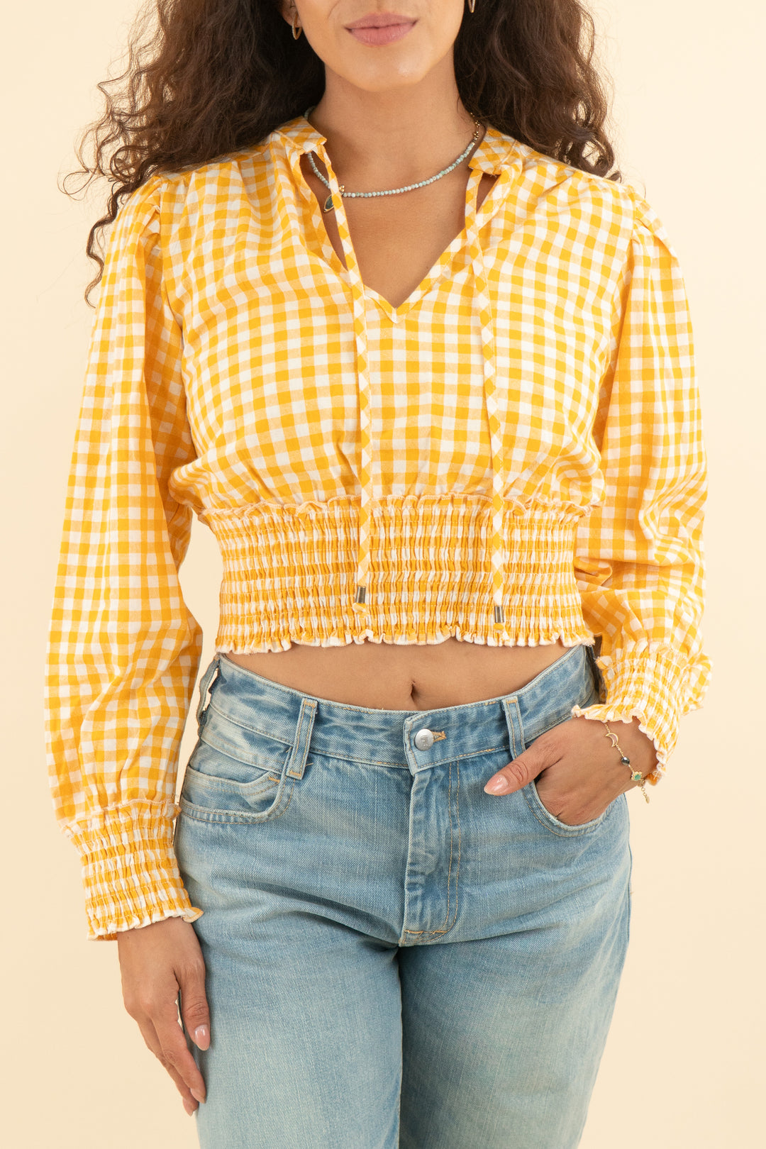 petal + pup orange checkered smocked long sleeve top nwt (4; retail $60)