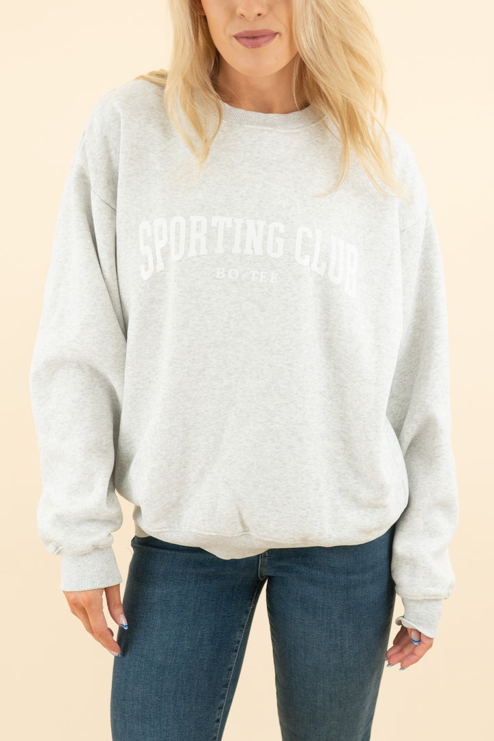 bo+tee heathered grey crew neck "sporting club" sweatshirt (l; retail $75)