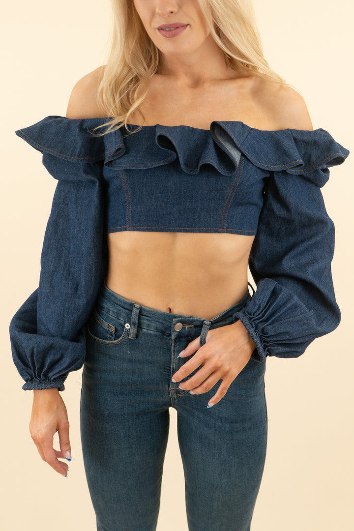 zimmerman dark wash denim balloon sleeve ruffle top (2; retail $625)