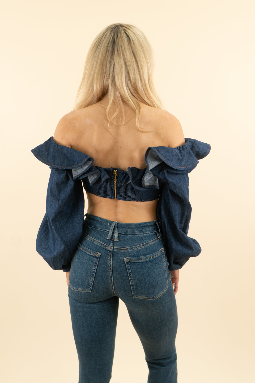 zimmerman dark wash denim balloon sleeve ruffle top (2; retail $625)