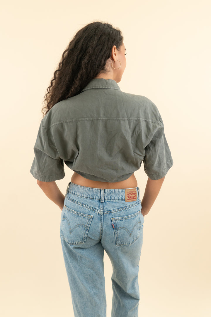 zara charcoal grey short sleeve button down top (s; retail $45.90)