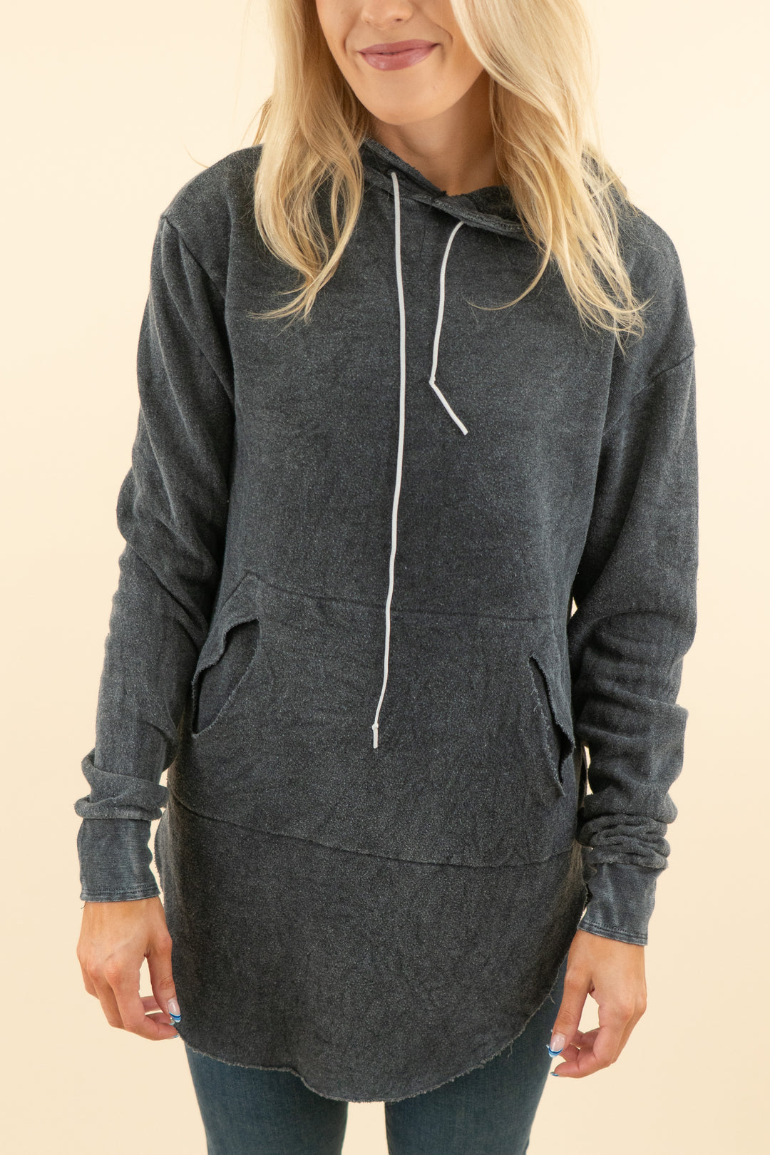 tribe kelley black distressed long hoodie (s; retail $125)