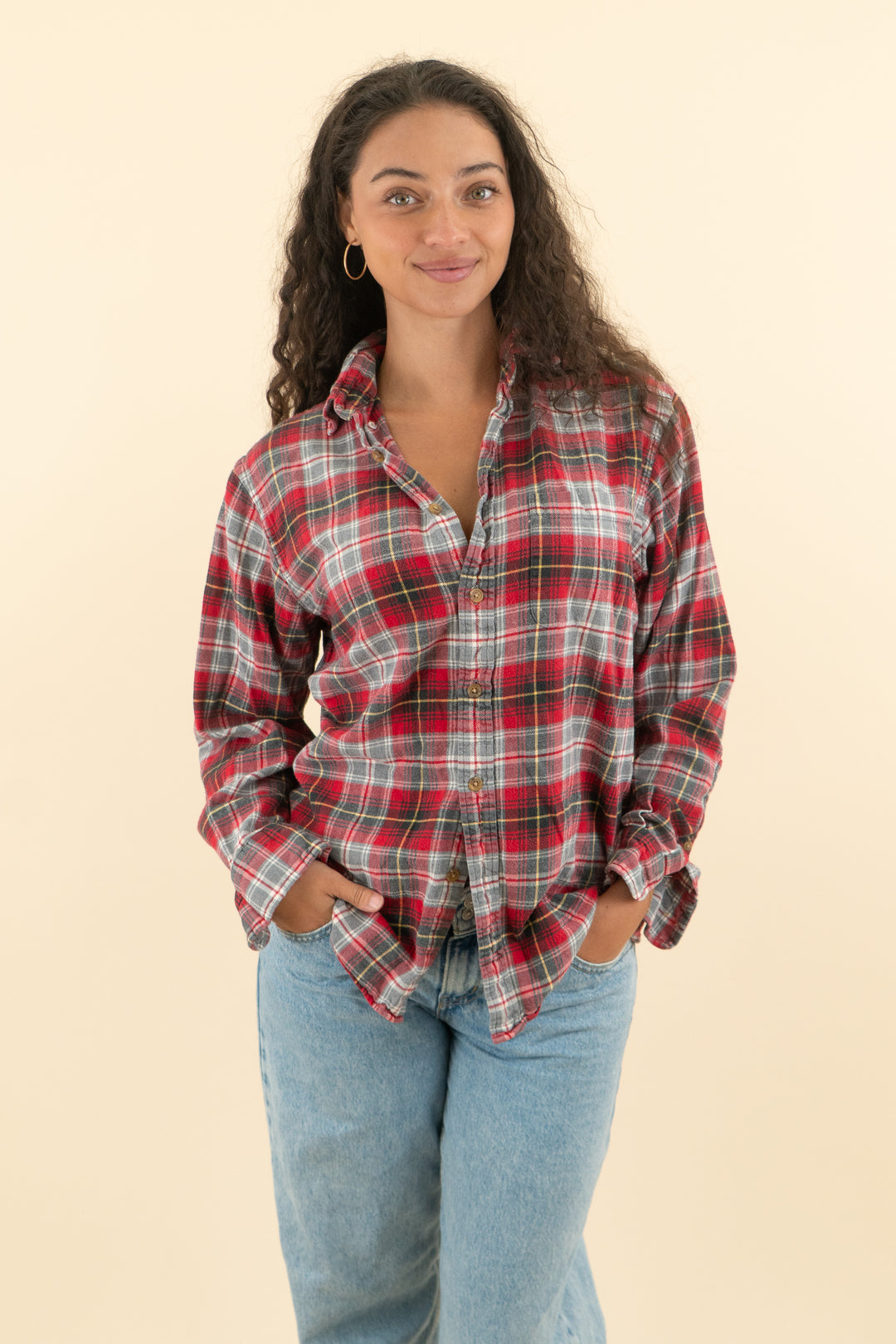 sojara red/grey plaid flannel (m; retail $138)