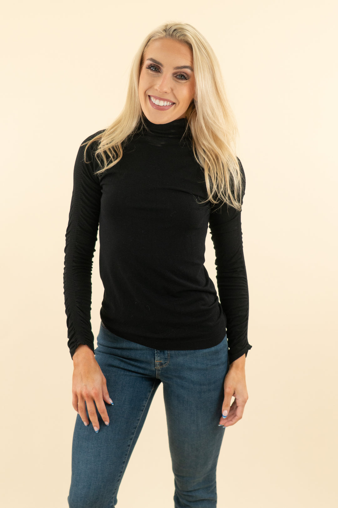 fabletics black long sleeve turtleneck ruched top (s; retail $69.95)