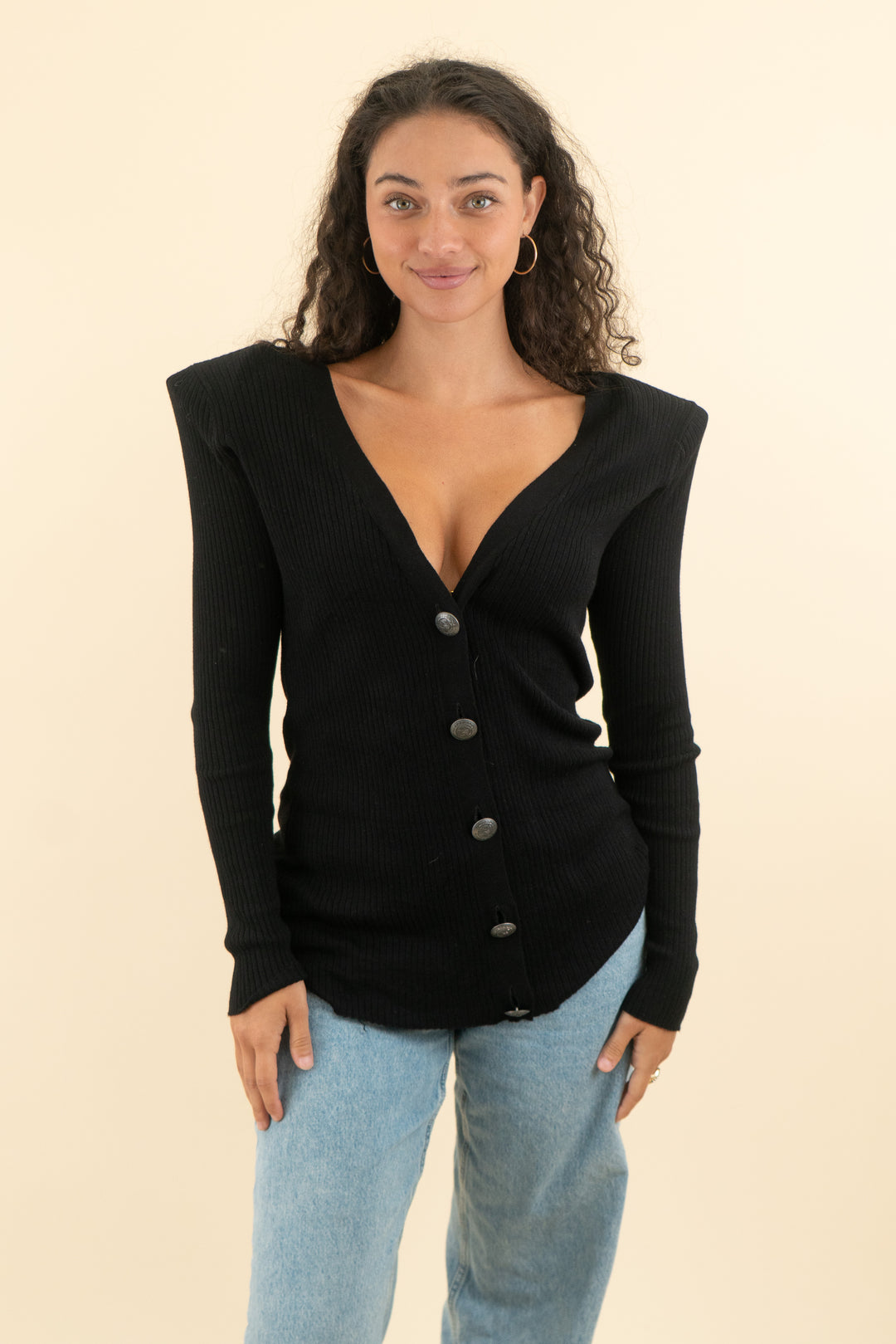 AUCTION nova luxe black shoulder pad cardigan (m)