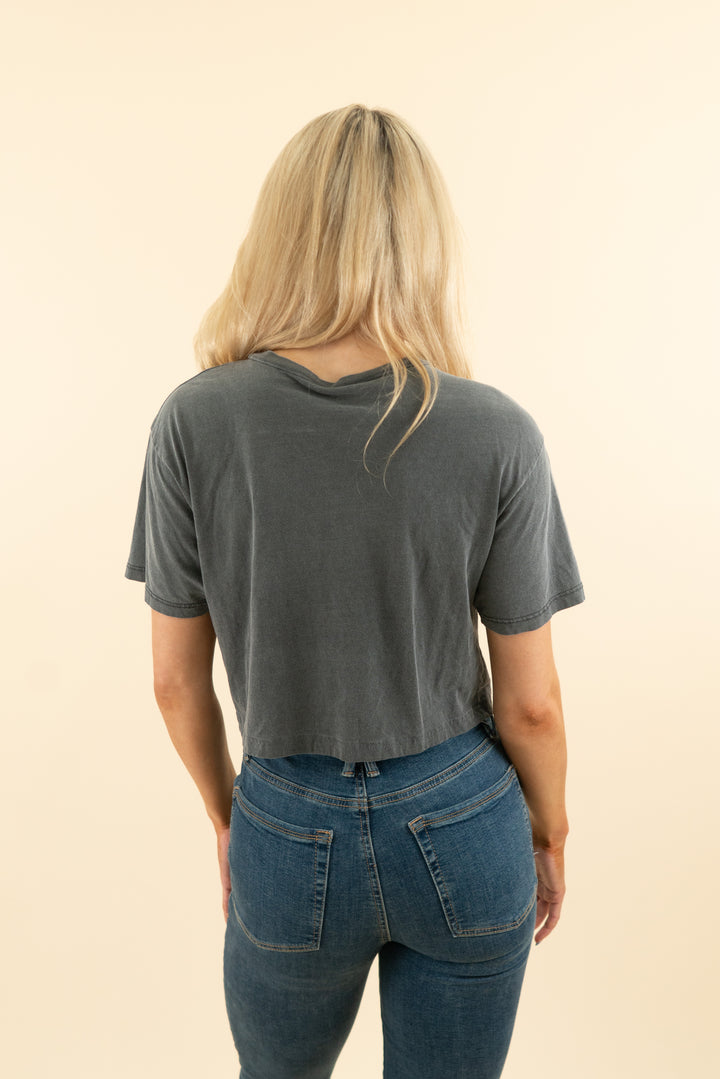 AUCTION dark grey def leppard cropped graphic tee (m)