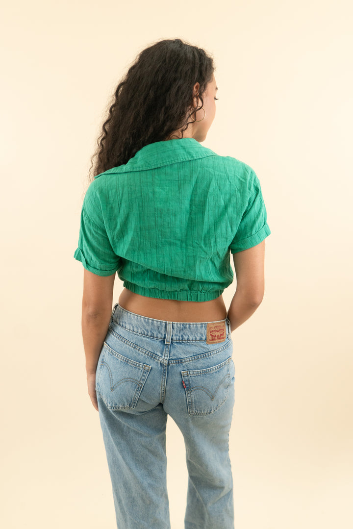 blue blush emerald green knotted short sleeve crop top (s; retail $45)