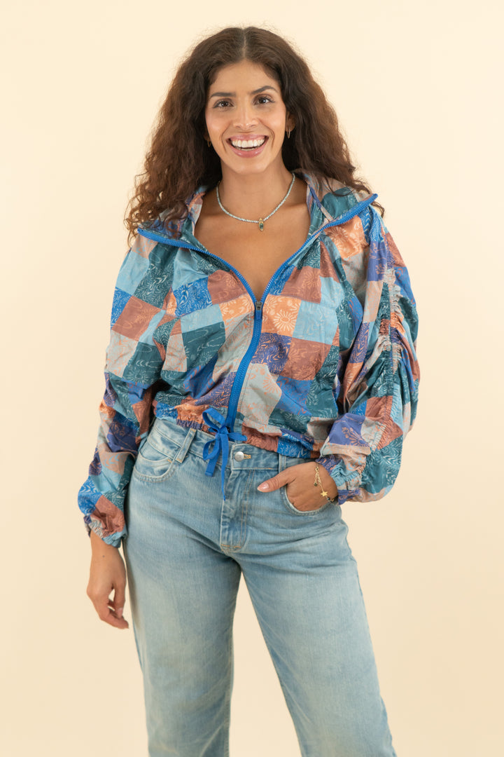 free people movement blue and rust patchwork pattern windbreaker jacket (s; retail $198)