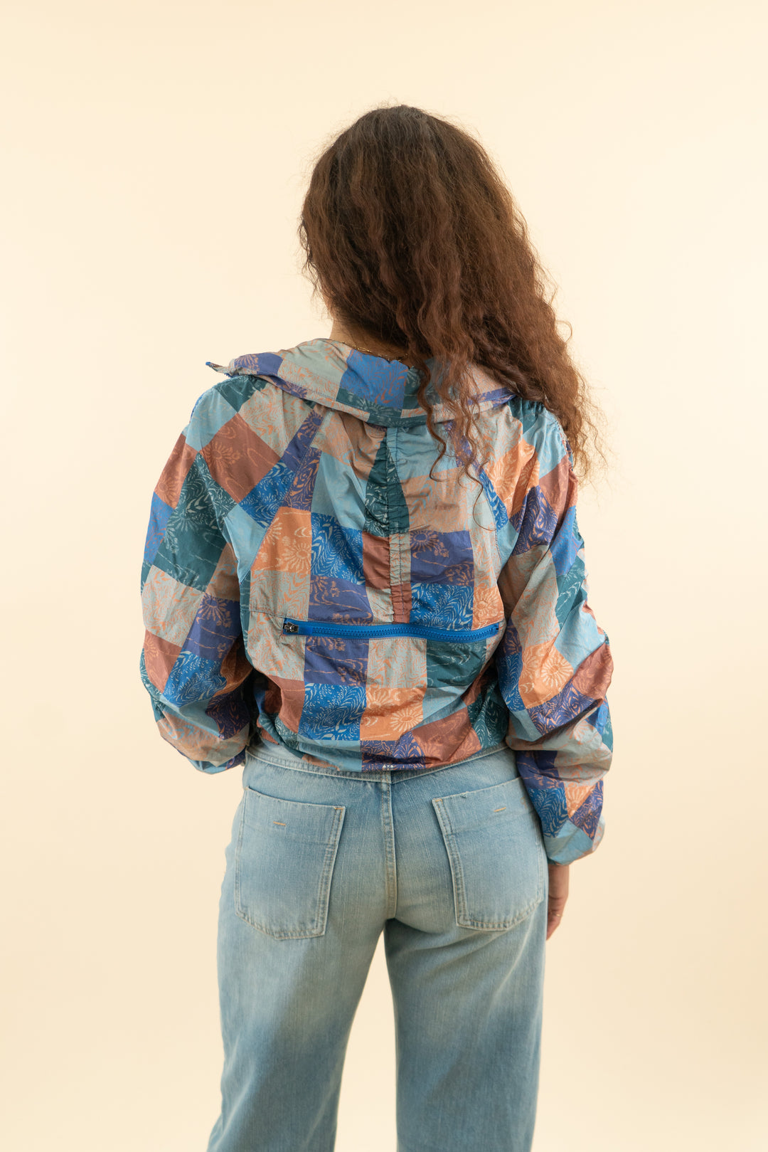 free people movement blue and rust patchwork pattern windbreaker jacket (s; retail $198)