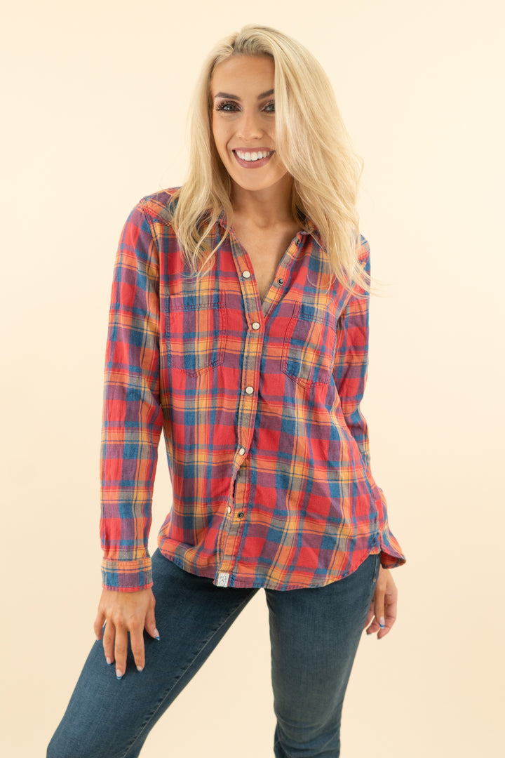 american eagle red/blue/yellow plaid flannel (s; retail $54.95)