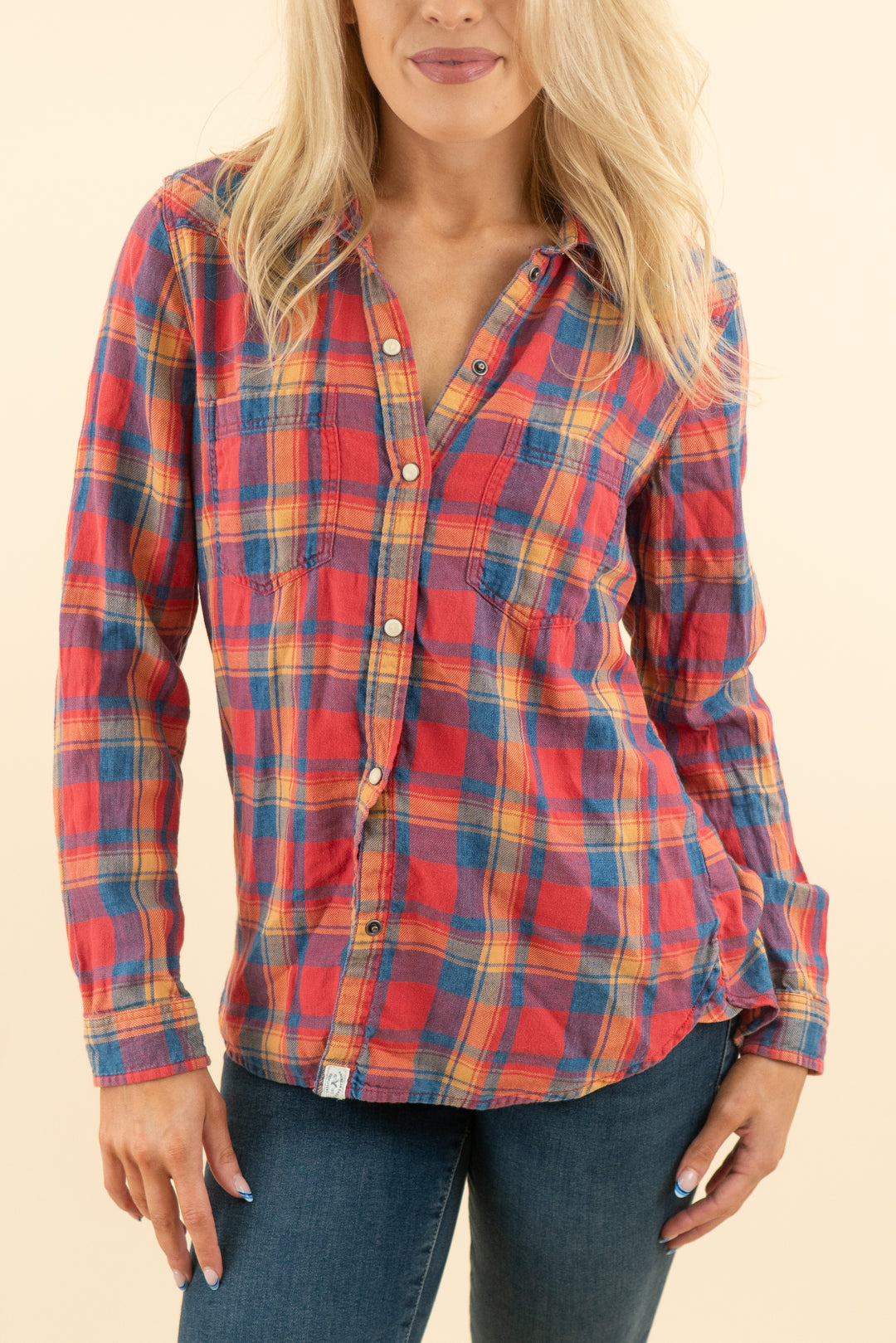 american eagle red/blue/yellow plaid flannel (s; retail $54.95)