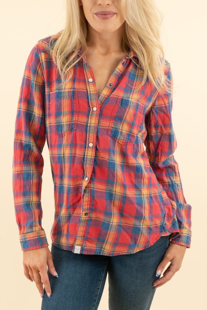 american eagle red/blue/yellow plaid flannel (s; retail $54.95)