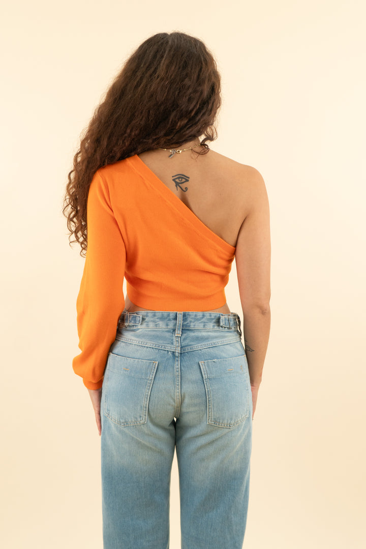 AUCTION hours bright orange one shoulder long sleeve cut out crop top (m)
