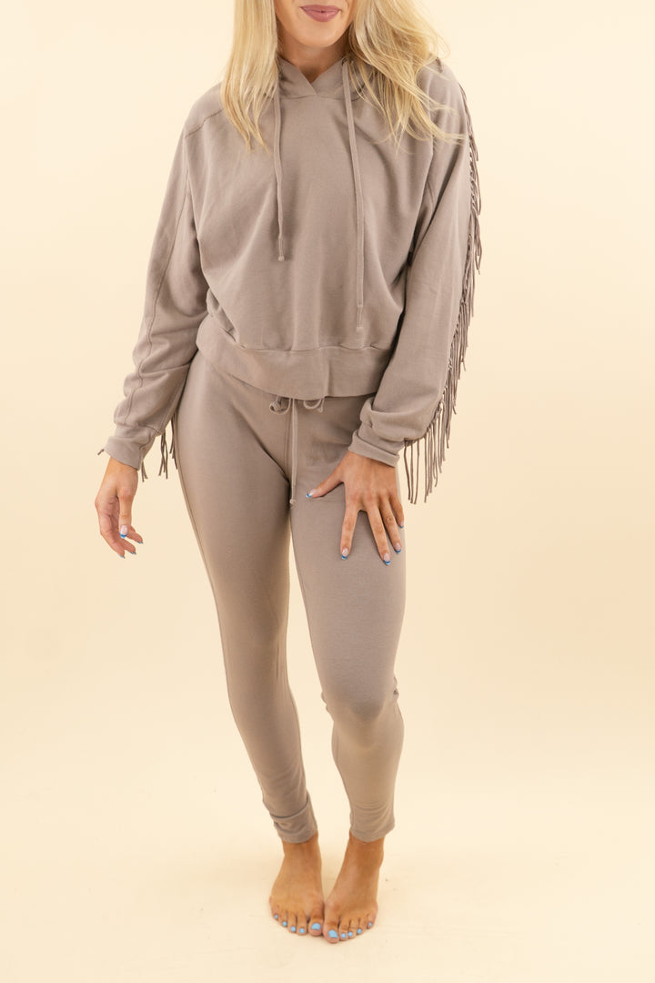 AUCTION brittany aldean mauve fringe hoodie sweat set (s)