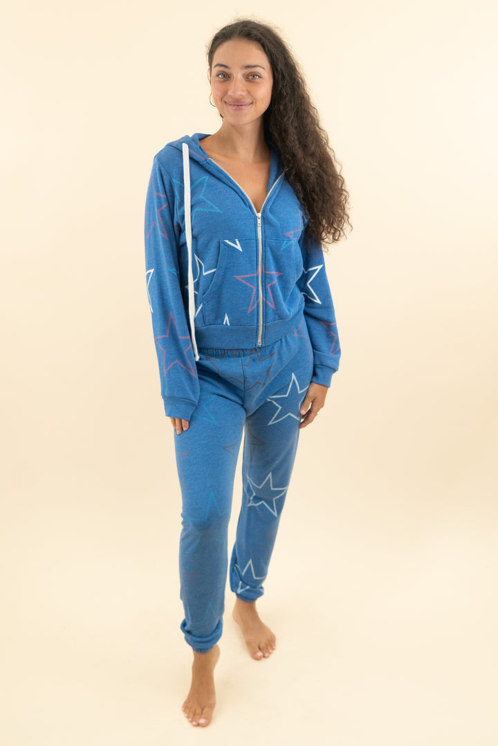 wildfox royal blue stars zip up hoodie lounge set (m; retail $282)
