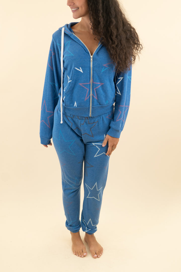 wildfox royal blue stars zip up hoodie lounge set (m; retail $282)