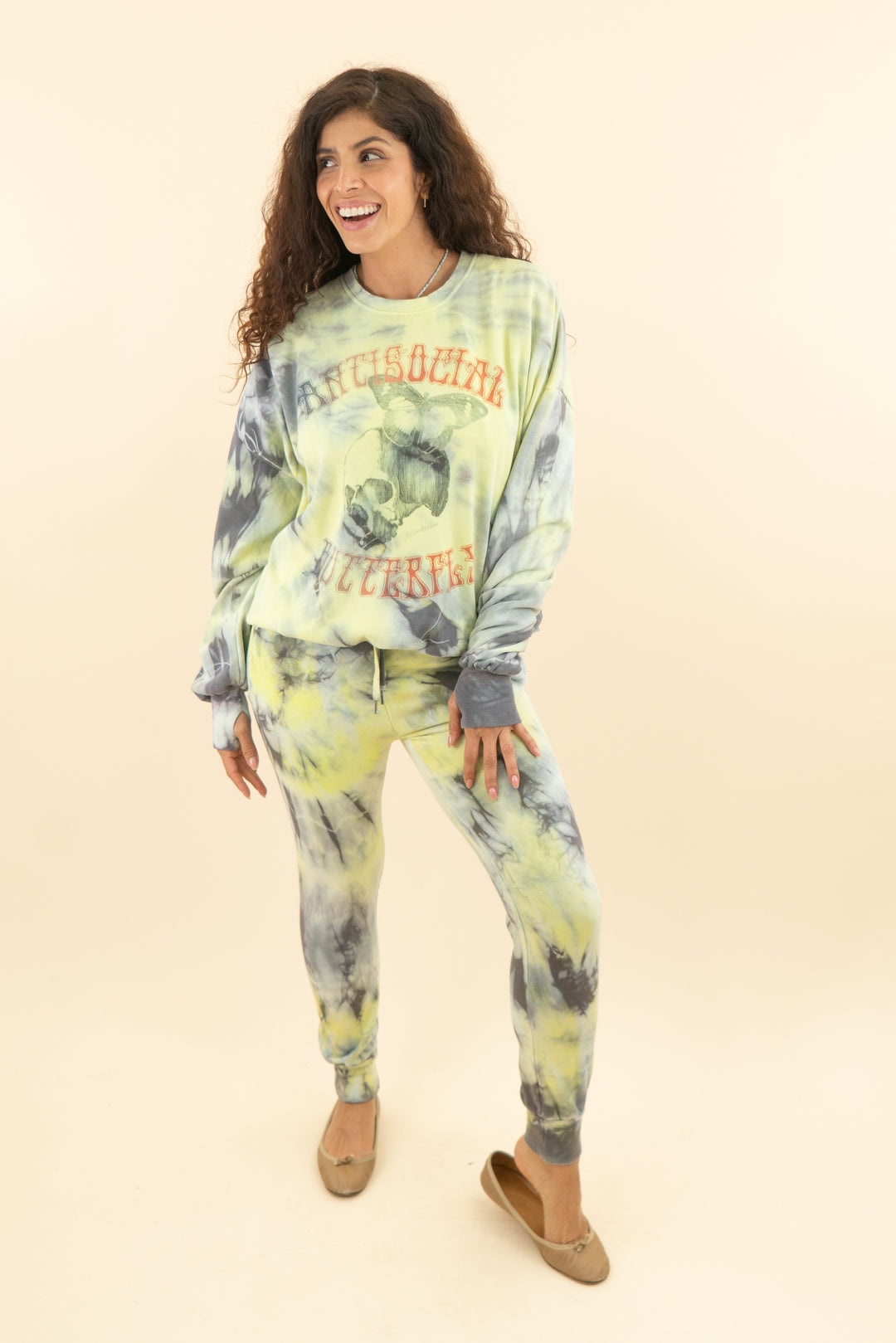 the laundry room antisocial butterflies yellow tie dye crewneck sweat set (s; retail $190)