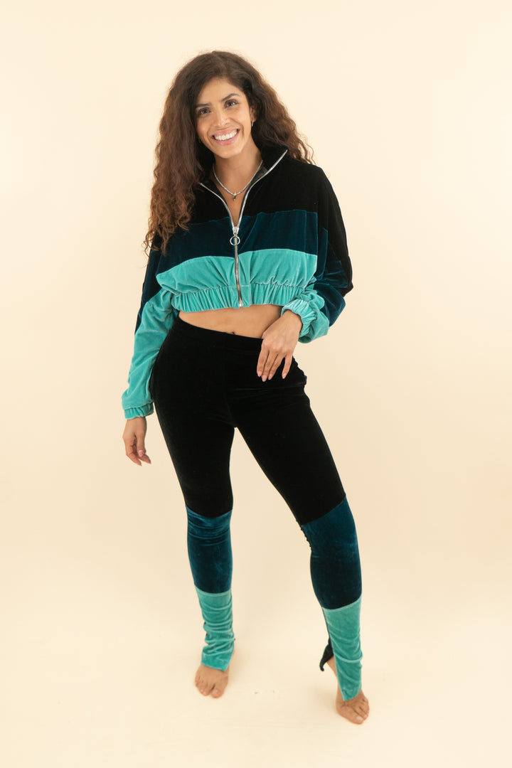 AUCTION frankie b teal color block velvet cropped zip up sweat set (s; retail $435)