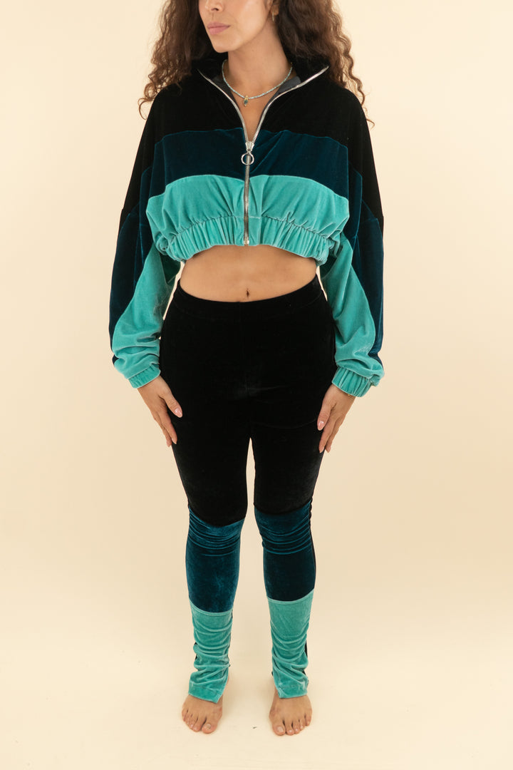 AUCTION frankie b teal color block velvet cropped zip up sweat set (s; retail $435)