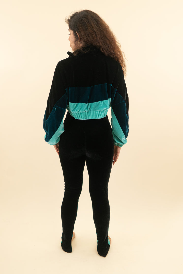 AUCTION frankie b teal color block velvet cropped zip up sweat set (s; retail $435)