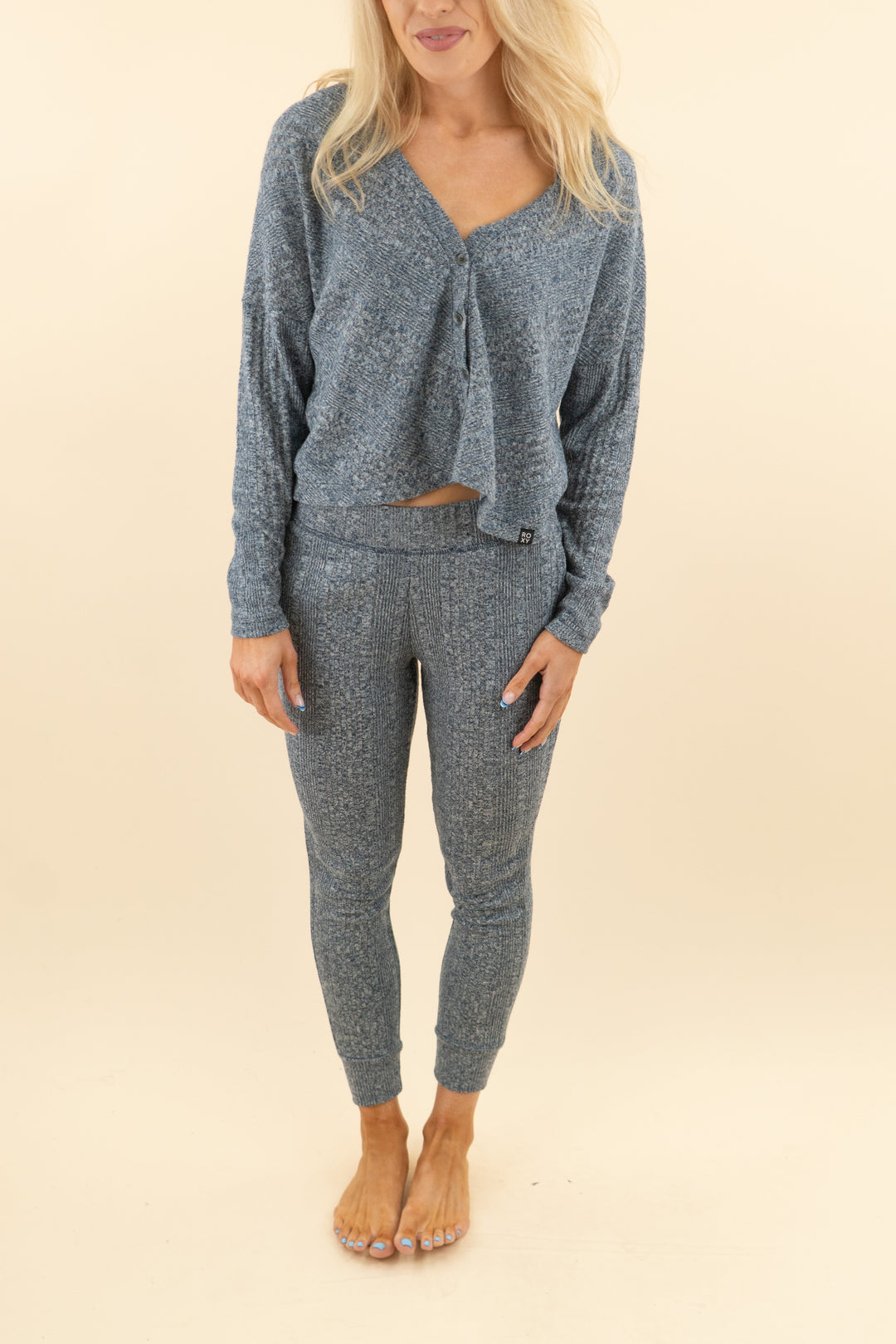 roxy navy/grey button up long sleeve top lounge set (m; retail $106)
