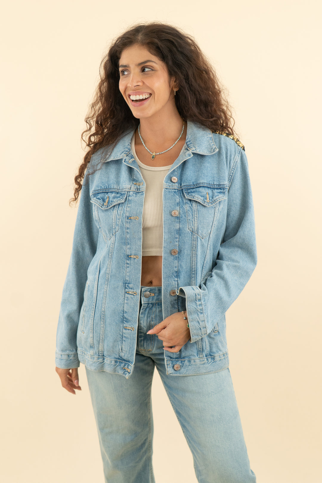 forever 21 light wash sequin back denim jacket (s; retail $54.99)