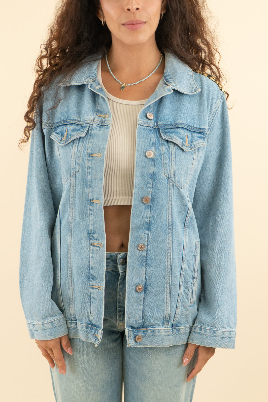 forever 21 light wash sequin back denim jacket (s; retail $54.99)
