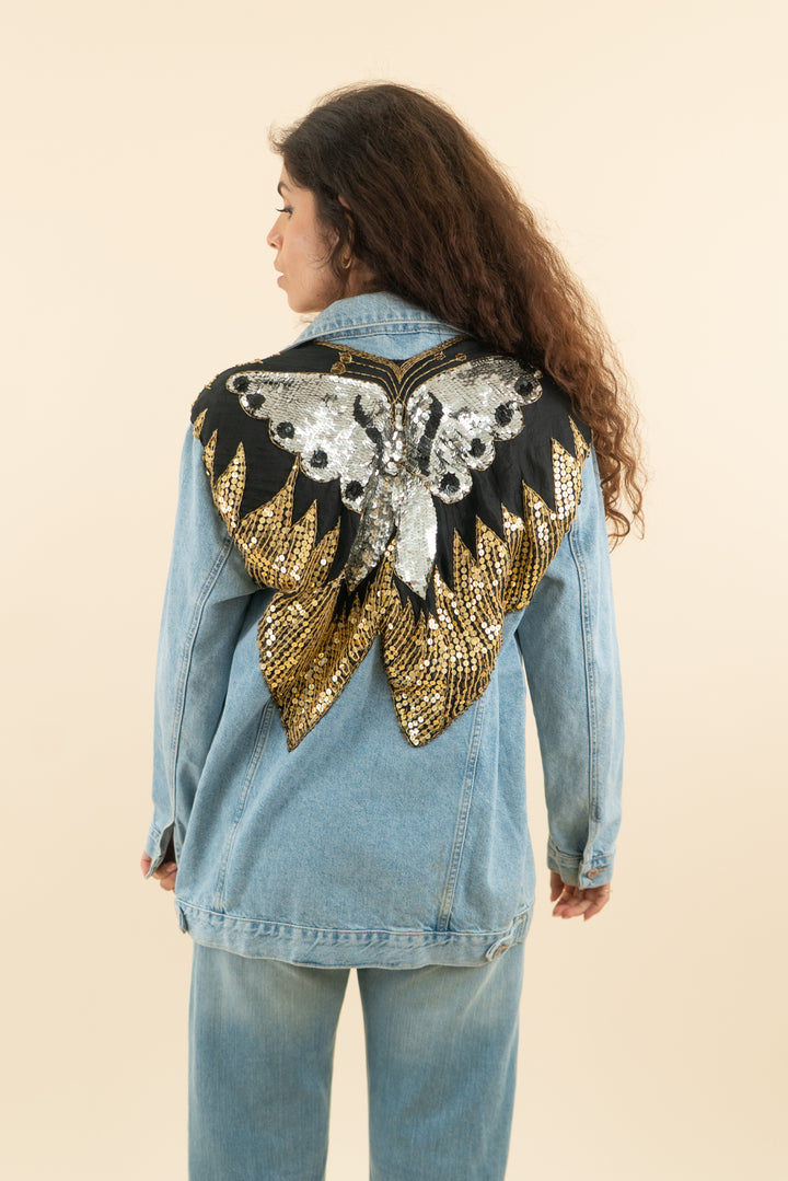forever 21 light wash sequin back denim jacket (s; retail $54.99)