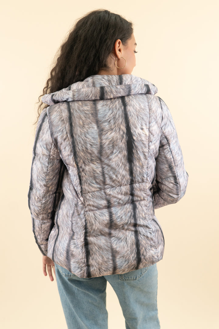 maison margiela grey printed faux fur puffer jacket (40/ US 4-6; retail $1,295)