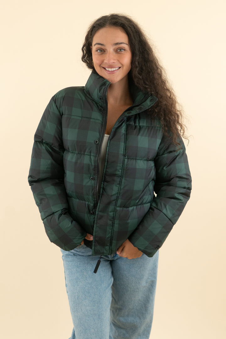 AUCTION fabletics black and forest green plaid puffer jacket (s)