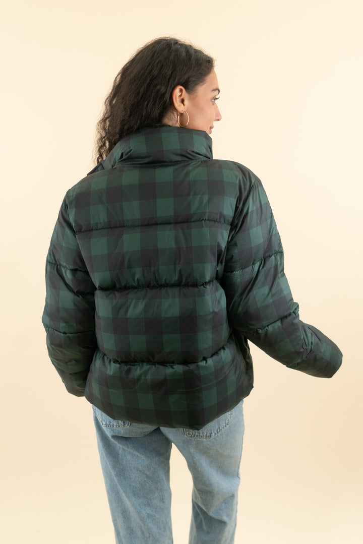 AUCTION fabletics black and forest green plaid puffer jacket (s)