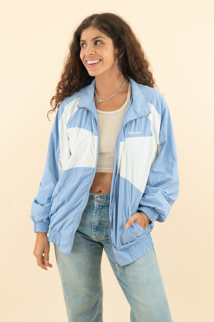AUCTION bo & tee light blue and white colorblock bomber jacket (s/m)