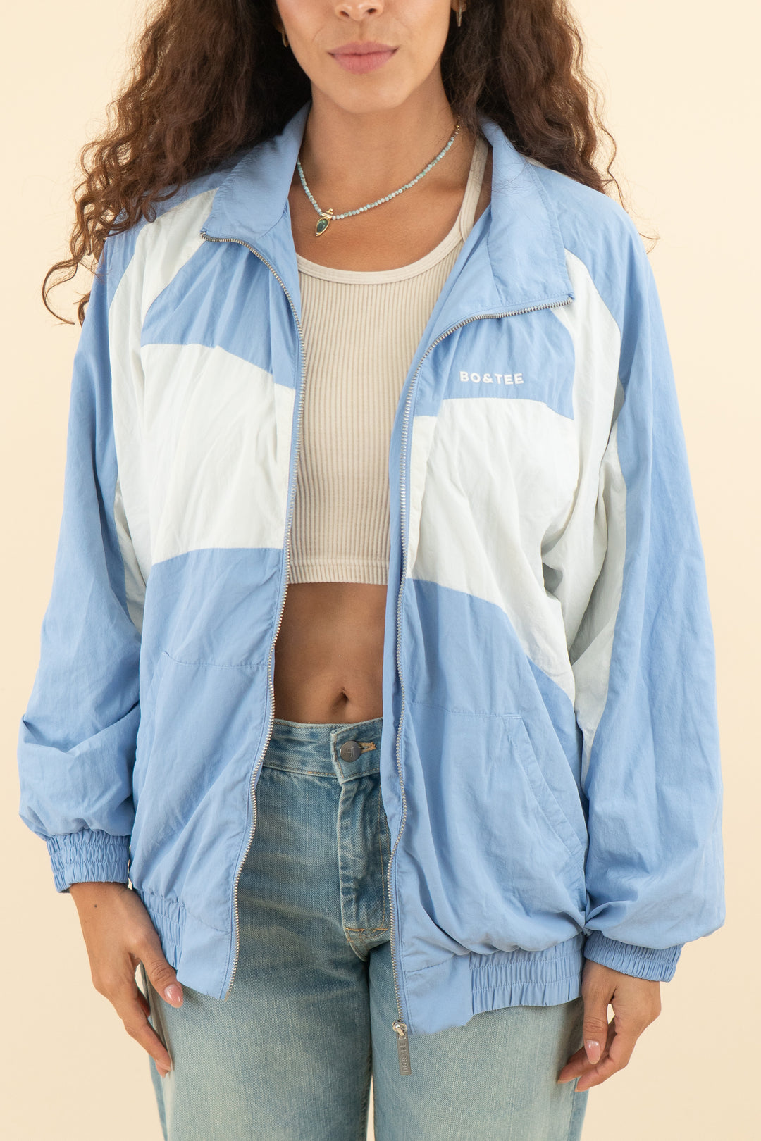 AUCTION bo & tee light blue and white colorblock bomber jacket (s/m)