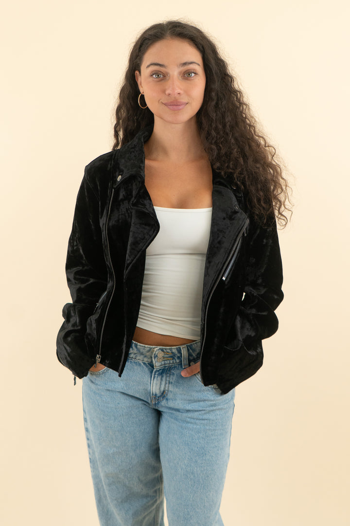 j brand black velvet diagonal zip jacket (m; retail $250)