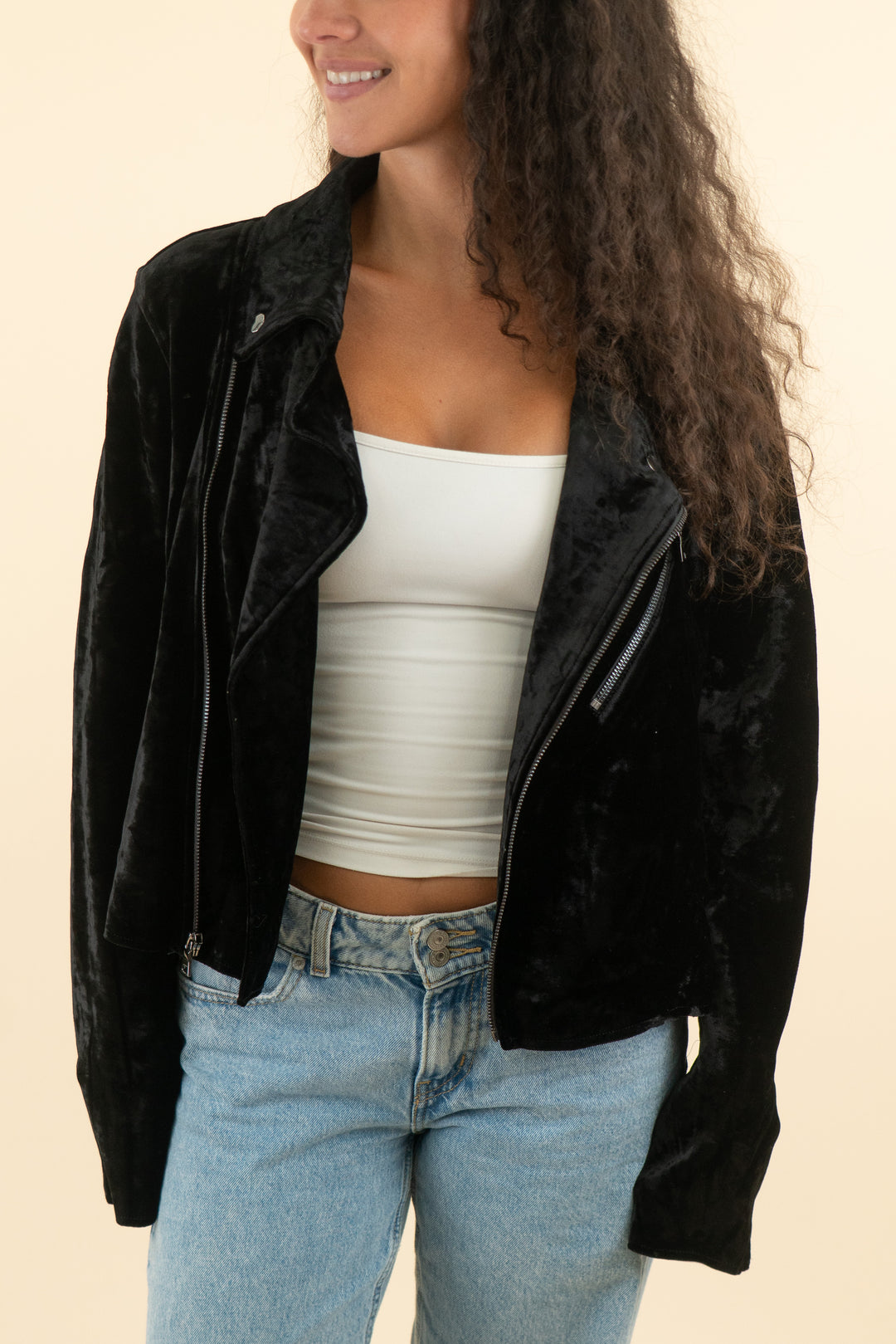 j brand black velvet diagonal zip jacket (m; retail $250)