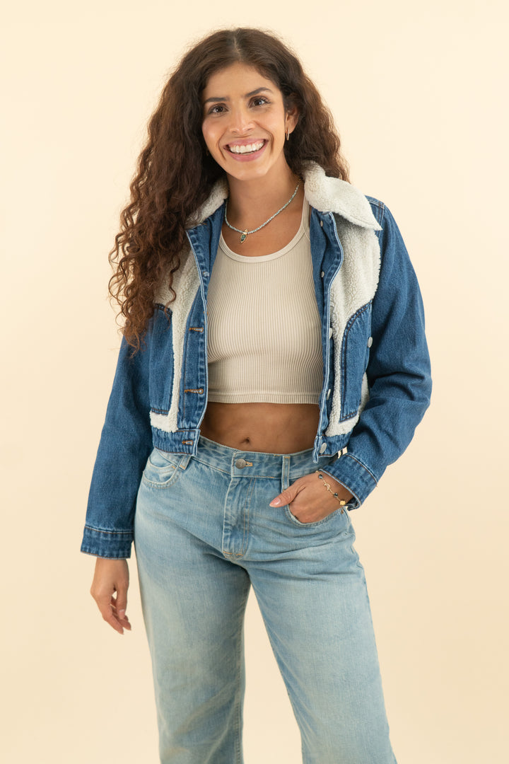 AUCTION blank nyc dark wash denim and cream fur jacket (s)